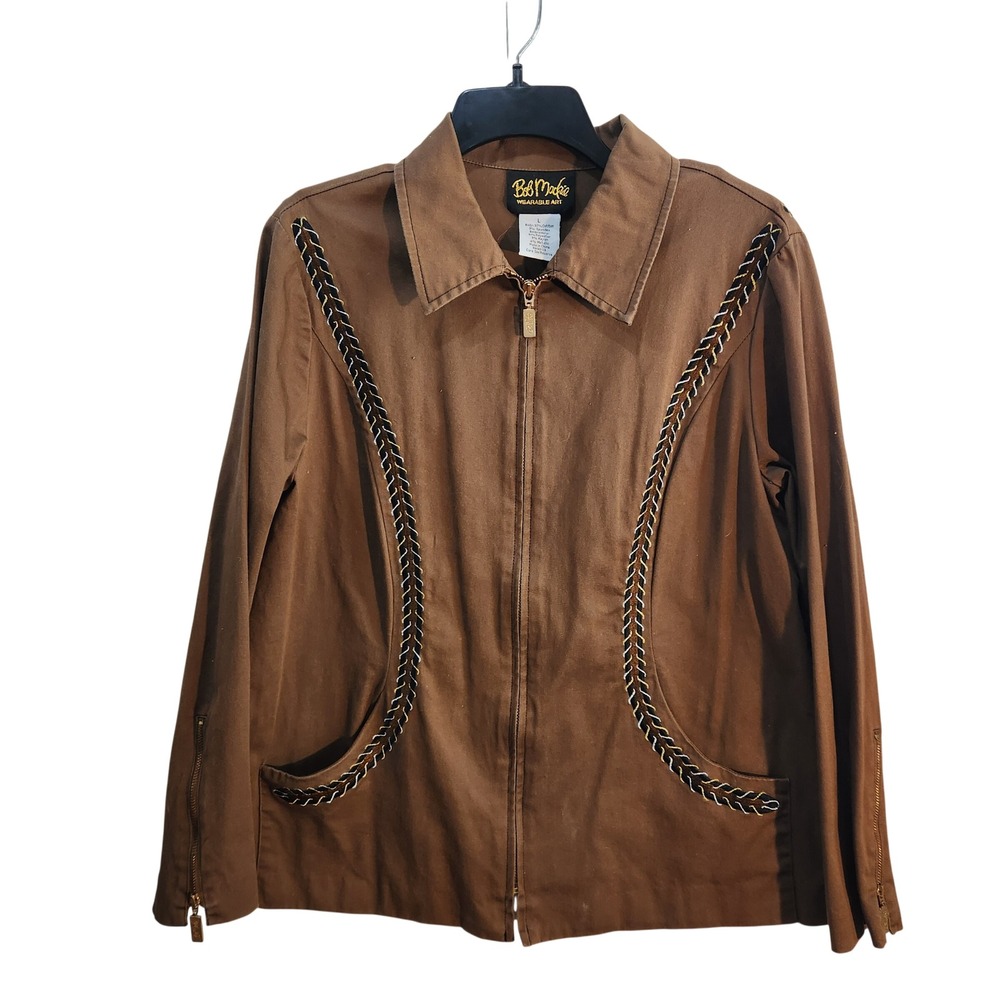 Bob Mackie Wearable Art Brown Embroidered Zip Jacket Womens Large A74486 Vintage